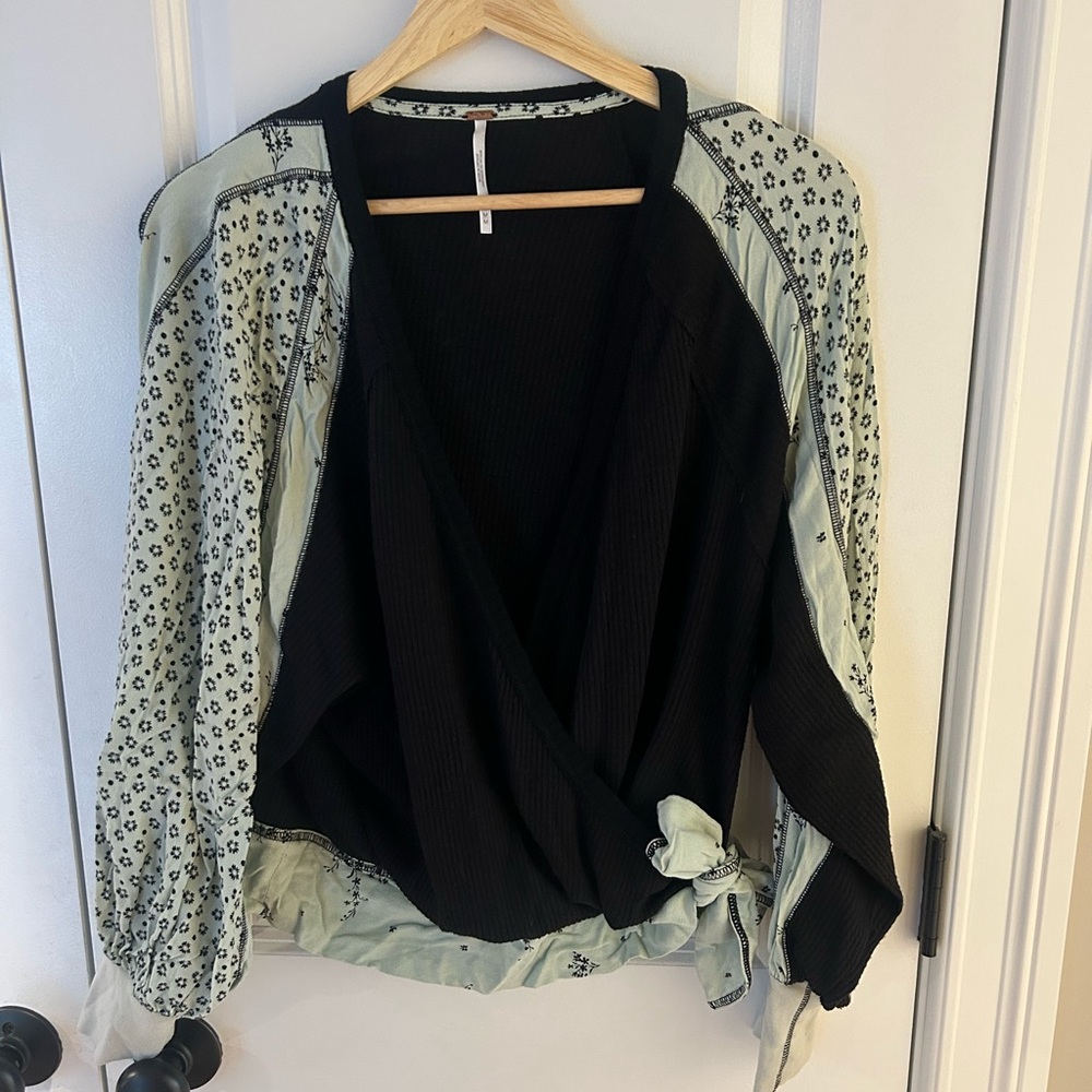 Floral Black and Mint Green Wrap Top